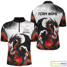 Load image into Gallery viewer, Front and back views of a custom mens quarter zip bowling shirt featuring a red dragon and lightning strikes design.