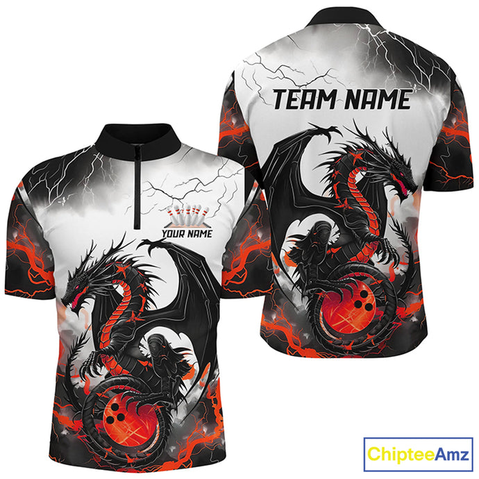 Front and back views of a custom mens quarter zip bowling shirt featuring a red dragon and lightning strikes design.