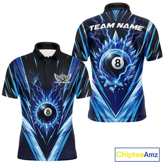 Front and back views of a custom short-sleeve polo shirt featuring a blue and black lightning bolt and billiards 8-ball design