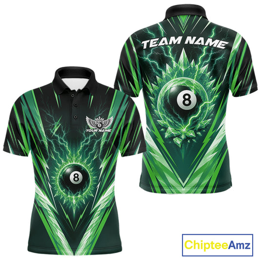 Custom short-sleeve polo shirt shown from the front and back, featuring a black base with vibrant green lightning bolt patterns, a glowing green billiard 8-ball graphic