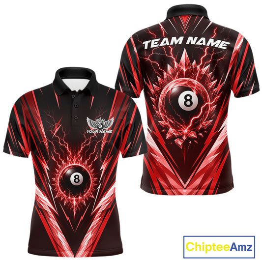 Custom short-sleeve polo shirt with a black and red 8-ball design, showing both front and back views.