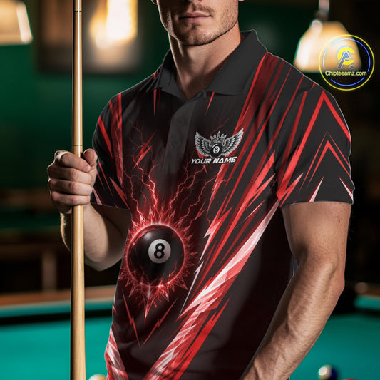 A man wearing a black and red short-sleeve polo shirt with a billiards-themed graphic featuring a 8-ball and lightning bolts