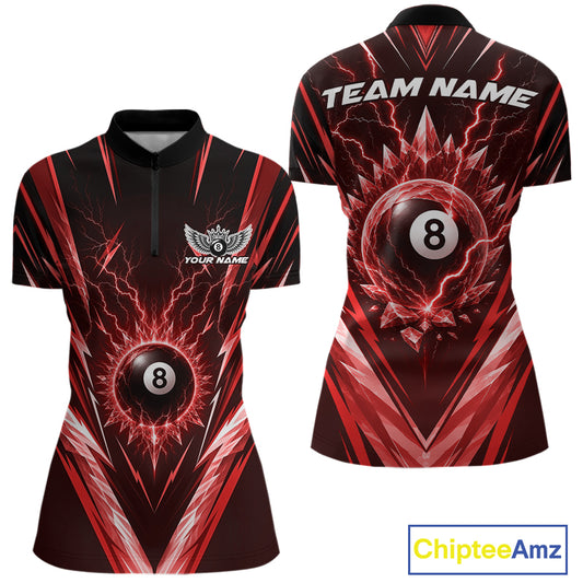 Custom short-sleeve billiards quarter zip shirt shown from the front and back, featuring a black and red 8-ball lightning design with 'TEAM NAME' and 'YOUR NAME' placeholders on a white background.
