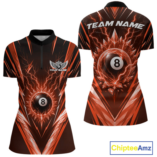 Custom short-sleeve billiards quarter zip shirt shown from the front and back, featuring a black base with vivid orange and red lightning graphics, a 8-ball design, and customizable text areas including 'TEAM NAME' and 'YOUR NAME'.