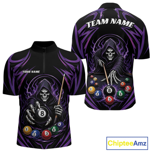 Black short-sleeve custom billiards quarter zip shirt with a purple and gray grim reaper billiards graphic, shown in front and back views with placeholder text 'TEAM NAME' and 'YOUR NAME'.