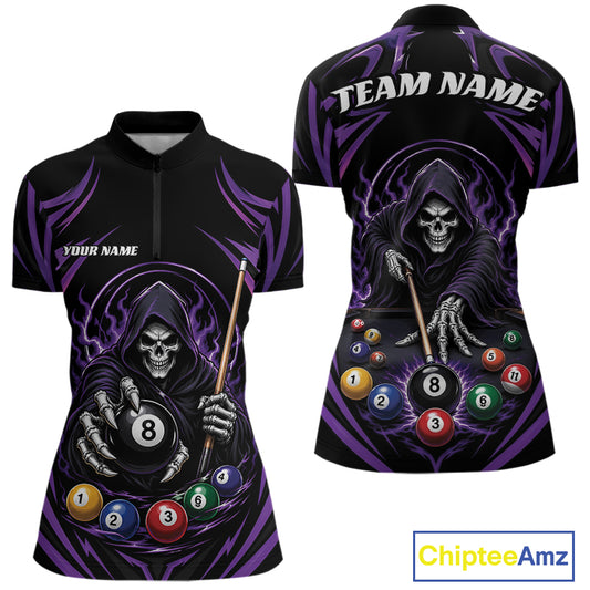 Black short-sleeve billiards quarter zip shirt with a purple and white grim reaper billiards graphic, shown in front and back views on a white background. 