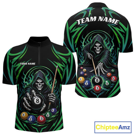 Black short-sleeve billiards quarter zip shirt shown from the front and back, featuring a large grim reaper billiards graphic with green flame-like swirls, pool balls, and customizable text fields reading 'TEAM NAME' and 'YOUR NAME'.