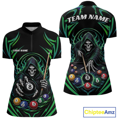 Black short-sleeve billiards quarter zip shirt shown from front and back, featuring a grim reaper holding a pool billiard 8-ball with green flame-like graphics, colorful pool balls, and customizable text areas reading 'TEAM NAME' and 'YOUR NAME'.