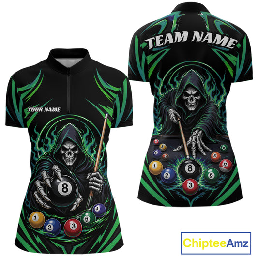 Black short-sleeve billiards quarter zip shirt shown from front and back, featuring a grim reaper holding a pool billiard 8-ball with green flame-like graphics, colorful pool balls, and customizable text areas reading 'TEAM NAME' and 'YOUR NAME'.