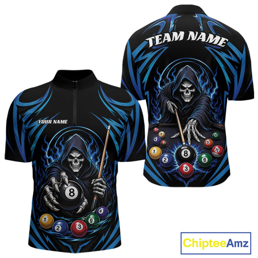 Black short-sleeve billiards quarter zip shirt shown from the front and back, featuring a large grim reaper billiards graphic with blue flame-like swirls, pool balls, and customizable text reading TEAM NAME and YOUR NAME. 