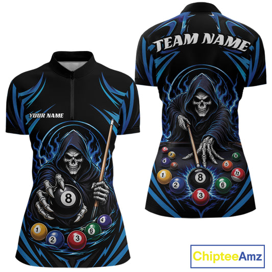 Black short-sleeve billiards quarter zip shirt with a blue and black grim reaper billiards graphic, shown in front and back views. Features customizable text placeholders 'YOUR NAME' and 'TEAM NAME'