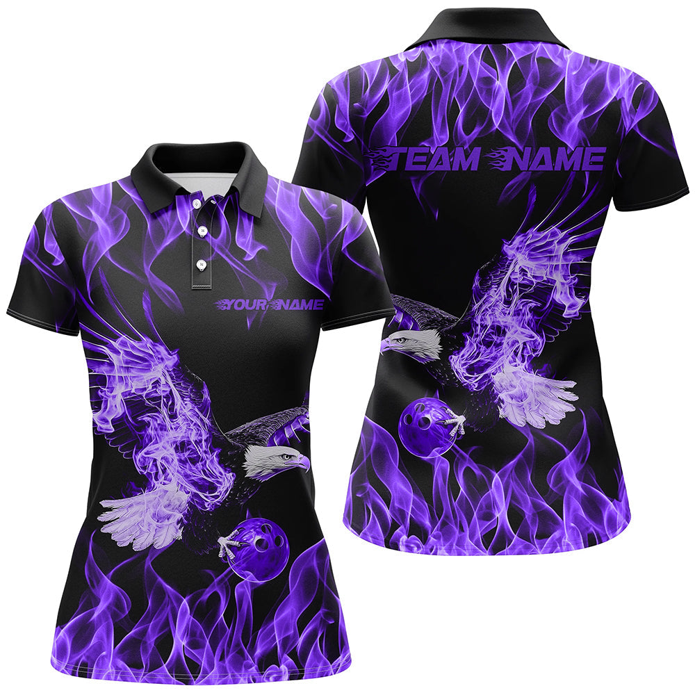 Custom Black And Purple Flame Eagle Bowling Team Women Polo Shirts, Bowling League Shirt IPHW8790
