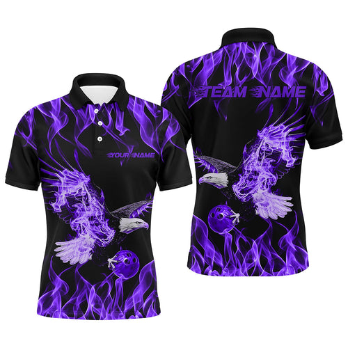 Custom Black And Purple Flame Eagle Bowling Team Men Polo Shirts, Eagle Bowling League Shirt IPHW8790