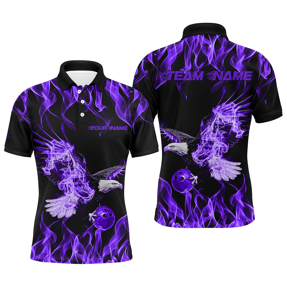 Custom Black And Purple Flame Eagle Bowling Team Men Polo Shirts, Eagle Bowling League Shirt IPHW8790