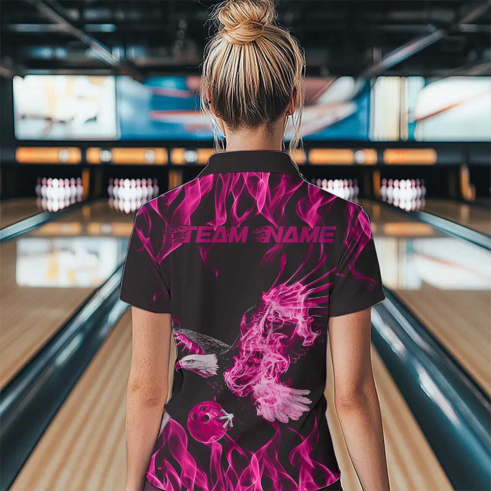 Custom Black And Pink Flame Eagle Bowling Team Women Polo Shirt, Eagle Bowling League Shirt IPHW8791