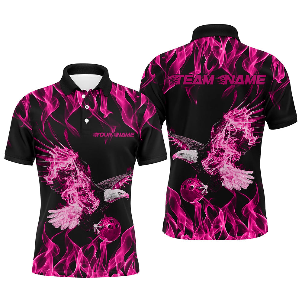 Custom Black And Pink Flame Eagle Bowling Team Men Polo Shirts, Eagle Bowling League Shirt IPHW8791