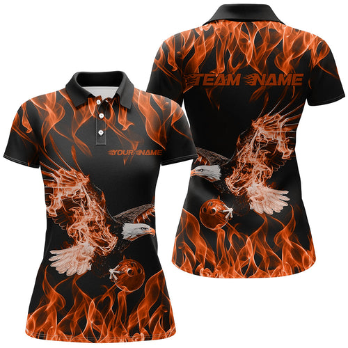 Custom Black And Orange Flame Eagle Bowling Team Women Polo Shirts, Bowling League Shirt IPHW8792