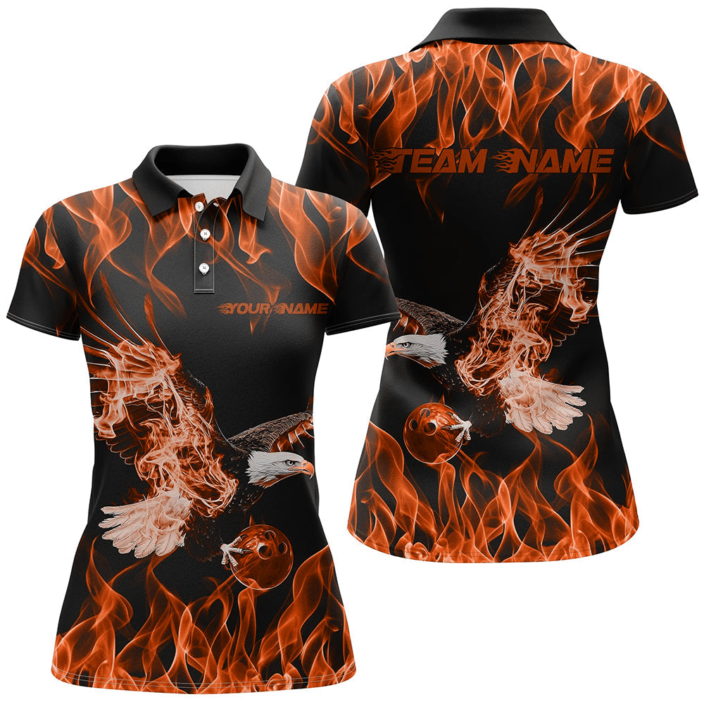 Custom Black And Orange Flame Eagle Bowling Team Women Polo Shirts, Bowling League Shirt IPHW8792