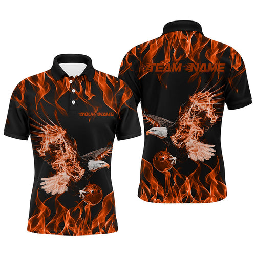 Custom Black And Orange Flame Eagle Bowling Team Men Polo Shirts, Eagle Bowling League Shirt IPHW8792
