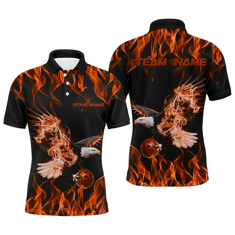 Custom Black And Orange Flame Eagle Bowling Team Men Polo Shirts, Eagle Bowling League Shirt IPHW8792