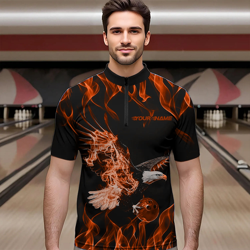 Custom Black And Orange Flame Eagle Bowling Team Men Quarter-Zip Shirts, Eagle Bowling League Shirt IPHW8792