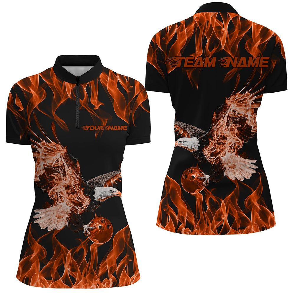 Custom Black And Orange Flame Eagle Bowling Women Quarter-Zip Shirts, Bowling League Shirt IPHW8792