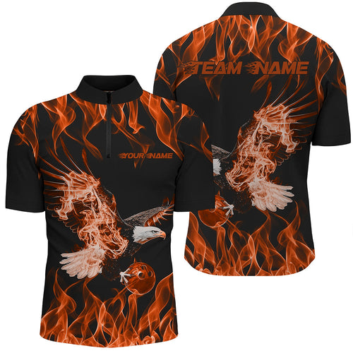 Custom Black And Orange Flame Eagle Bowling Team Men Quarter-Zip Shirts, Eagle Bowling League Shirt IPHW8792
