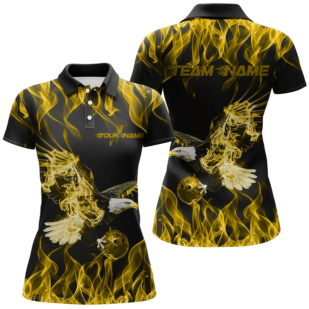 Custom Black And Yellow Flame Eagle Bowling Team Women Polo Shirts, Bowling League Shirt IPHW8793