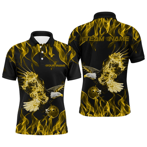 Custom Black And Yellow Flame Eagle Bowling Team Men Polo Shirts, Eagle Bowling League Shirt IPHW8793