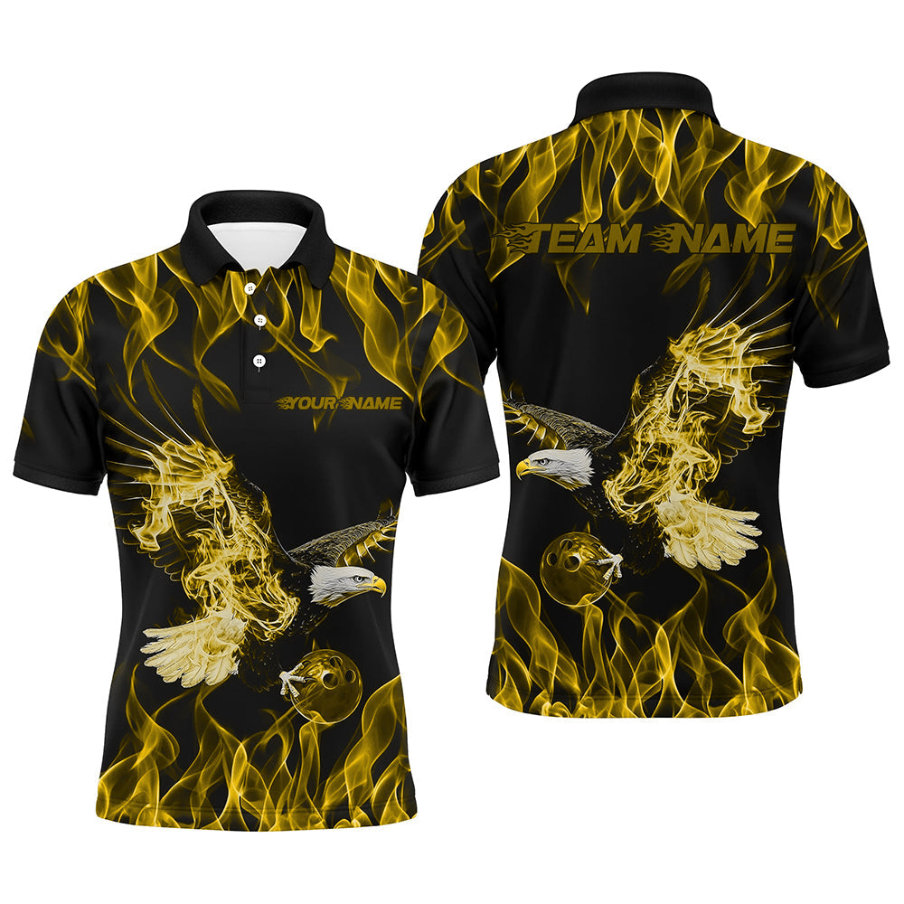 Custom Black And Yellow Flame Eagle Bowling Team Men Polo Shirts, Eagle Bowling League Shirt IPHW8793