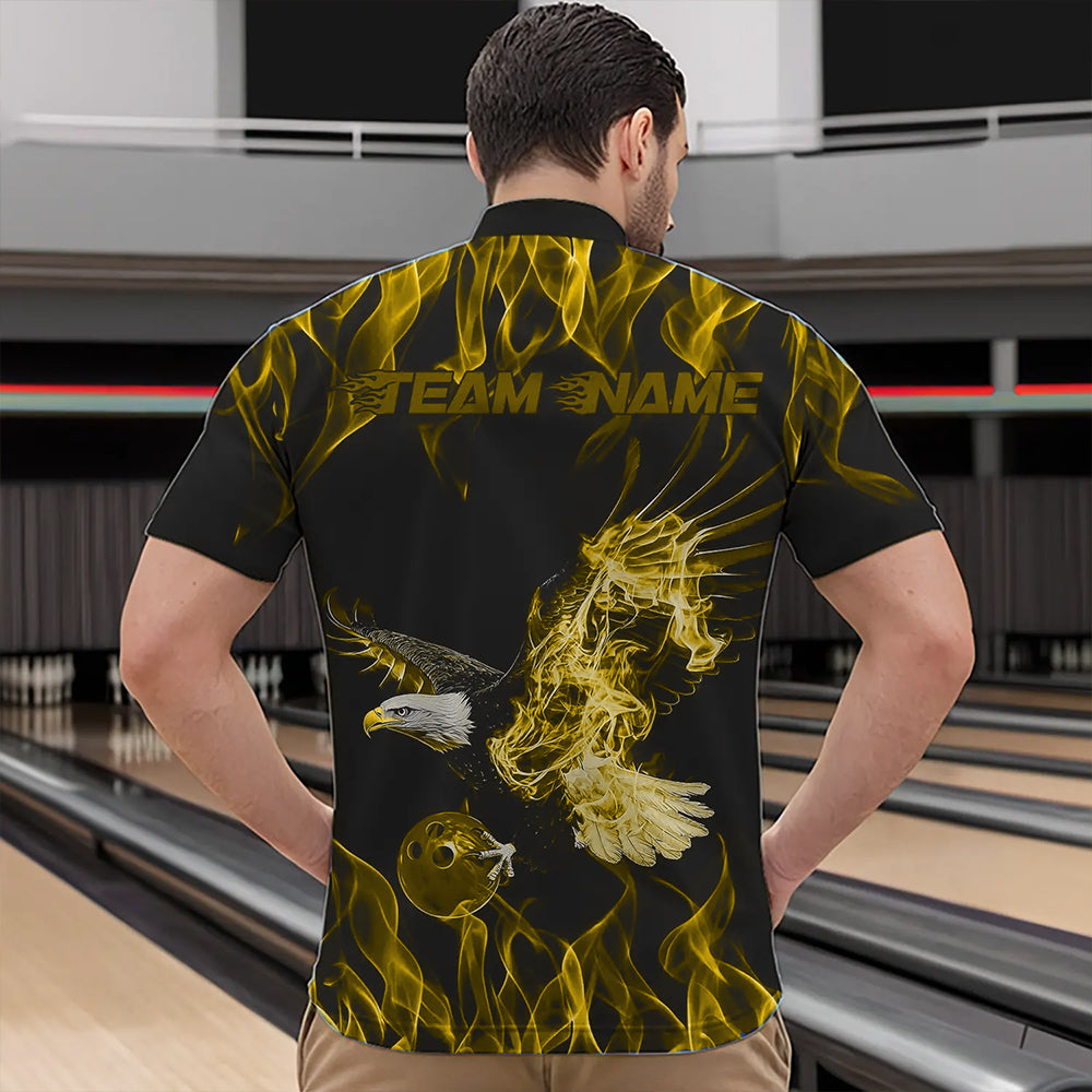 Custom Black And Yellow Flame Eagle Bowling Team Men Quarter-Zip Shirts, Eagle Bowling League Shirt IPHW8793