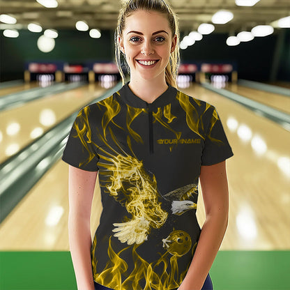 Custom Black And Yellow Flame Eagle Bowling Women Quarter-Zip Shirts, Bowling League Shirt IPHW8793