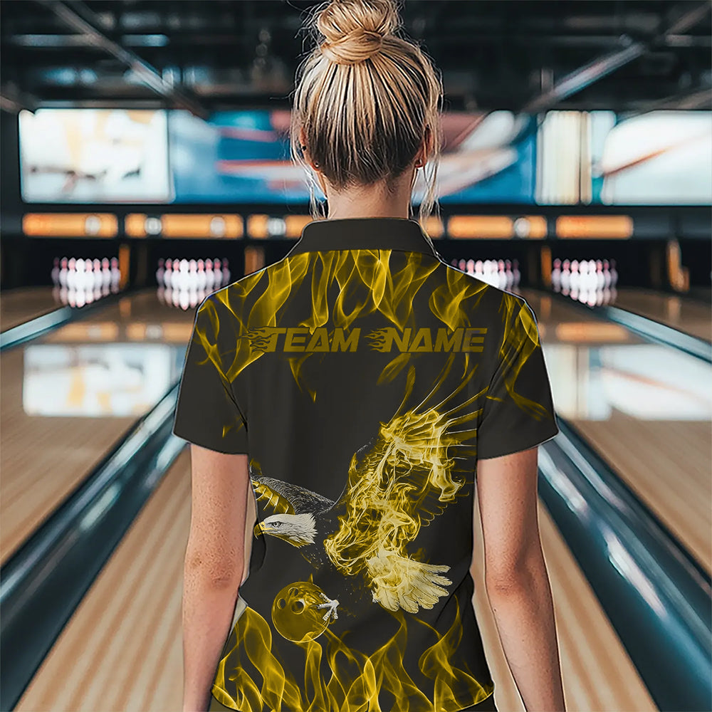 Custom Black And Yellow Flame Eagle Bowling Women Quarter-Zip Shirts, Bowling League Shirt IPHW8793