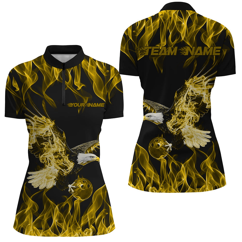 Custom Black And Yellow Flame Eagle Bowling Women Quarter-Zip Shirts, Bowling League Shirt IPHW8793