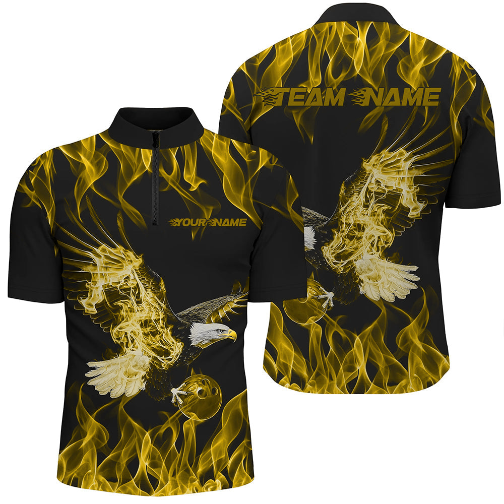 Custom Black And Yellow Flame Eagle Bowling Team Men Quarter-Zip Shirts, Eagle Bowling League Shirt IPHW8793