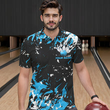 Load image into Gallery viewer, Black, Blue And White Custom Bowling Team Men Polo Shirts, Bowling Ball And Pin Jerseys IPHW8794