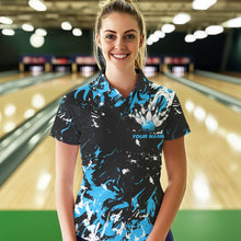 Load image into Gallery viewer, Black, Blue And White Custom Bowling Team Women Polo Shirts, Bowling Ball And Pin Jerseys IPHW8794