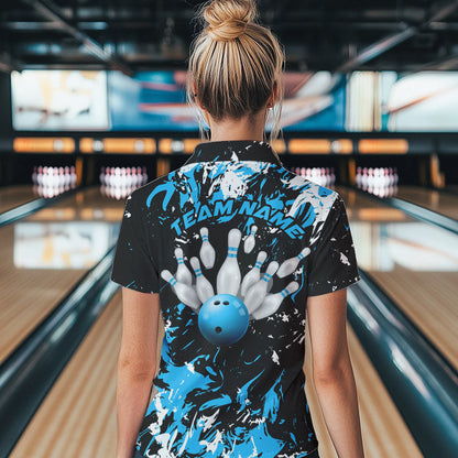 Black, Blue And White Custom Bowling Team Women Polo Shirts, Bowling Ball And Pin Jerseys IPHW8794