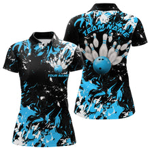 Load image into Gallery viewer, Black, Blue And White Custom Bowling Team Women Polo Shirts, Bowling Ball And Pin Jerseys IPHW8794