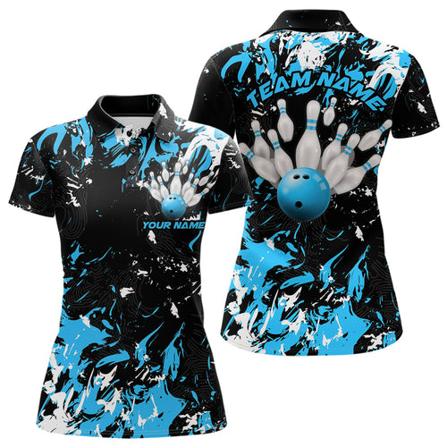 Black, Blue And White Custom Bowling Team Women Polo Shirts, Bowling Ball And Pin Jerseys IPHW8794