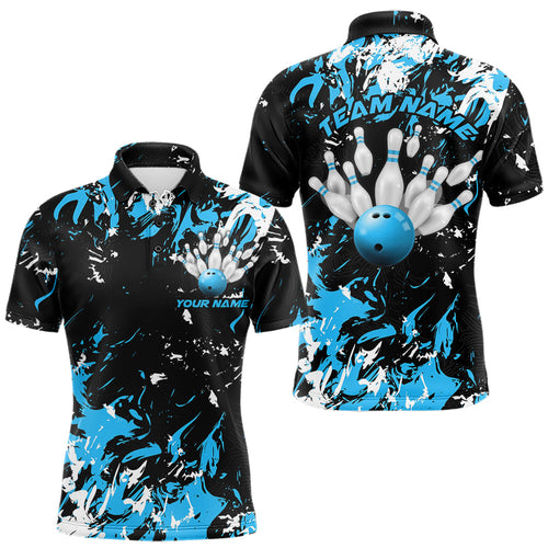 Black, Blue And White Custom Bowling Team Men Polo Shirts, Bowling Ball And Pin Jerseys IPHW8794