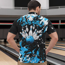 Load image into Gallery viewer, Black, Blue And White Custom Bowling Team Men Quarter-Zip Shirts, Bowling Ball And Pin Jerseys IPHW8794