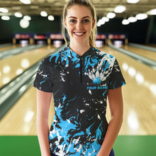 Load image into Gallery viewer, Black, Blue And White Custom Bowling Women Quarter-Zip Shirts, Bowling Ball And Pin Jerseys IPHW8794