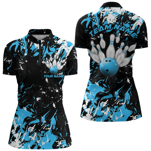 Black, Blue And White Custom Bowling Women Quarter-Zip Shirts, Bowling Ball And Pin Jerseys IPHW8794