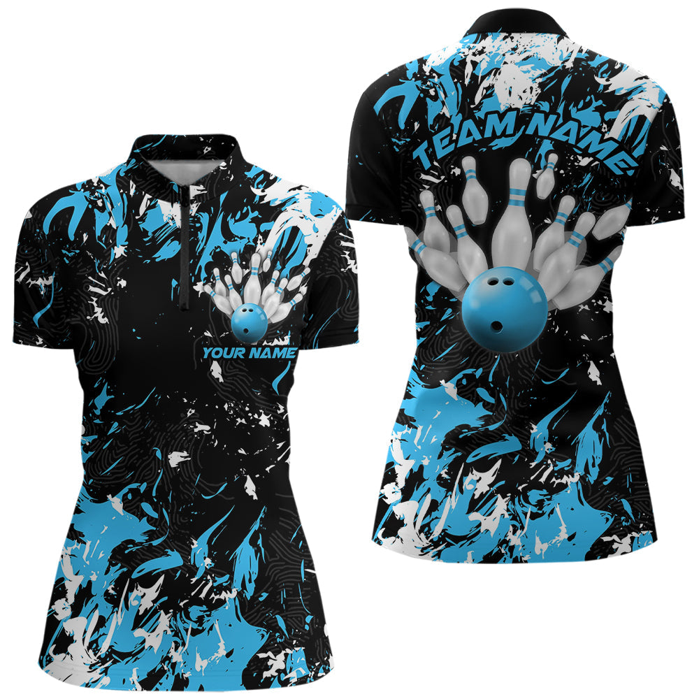 Black, Blue And White Custom Bowling Women Quarter-Zip Shirts, Bowling Ball And Pin Jerseys IPHW8794