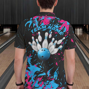 Black, Blue And Pink Custom Bowling Team Men Polo Shirts, Bowling Ball And Pin Jerseys IPHW8795