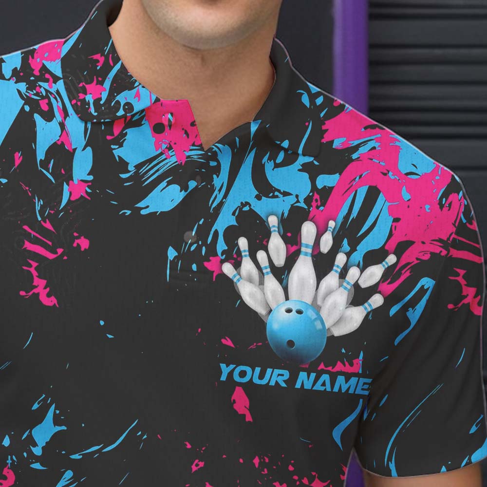 Black, Blue And Pink Custom Bowling Team Men Polo Shirts, Bowling Ball And Pin Jerseys IPHW8795