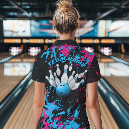 Black, Blue And Pink Custom Bowling Team Women Polo Shirts, Bowling Ball And Pin Jerseys IPHW8795