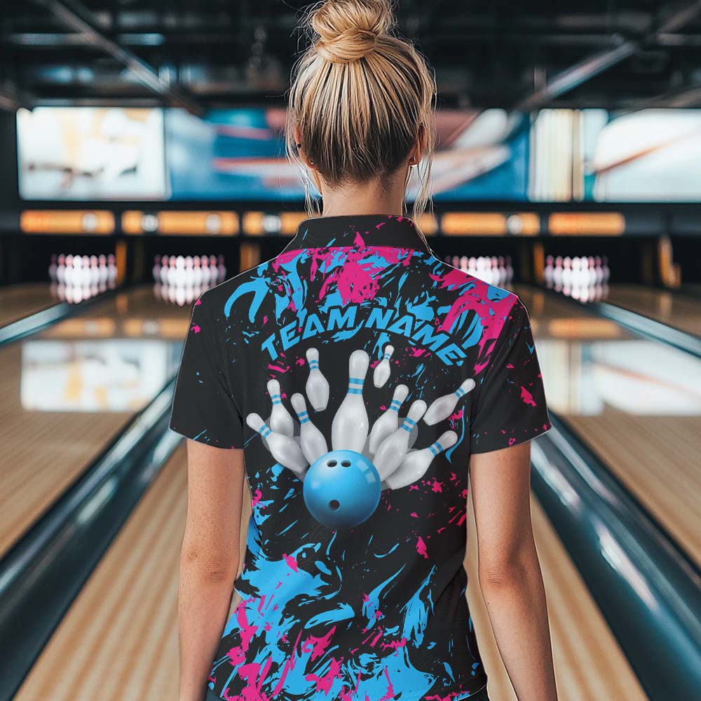 Black, Blue And Pink Custom Bowling Women Quarter-Zip Shirts, Bowling Ball And Pin Jerseys IPHW8795