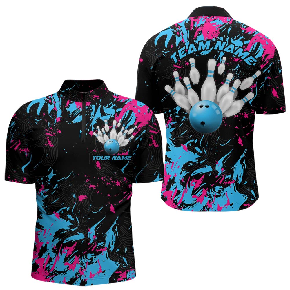 Black, Blue And Pink Custom Bowling Team Men Quarter-Zip Shirts, Bowling Ball And Pin Jerseys IPHW8795